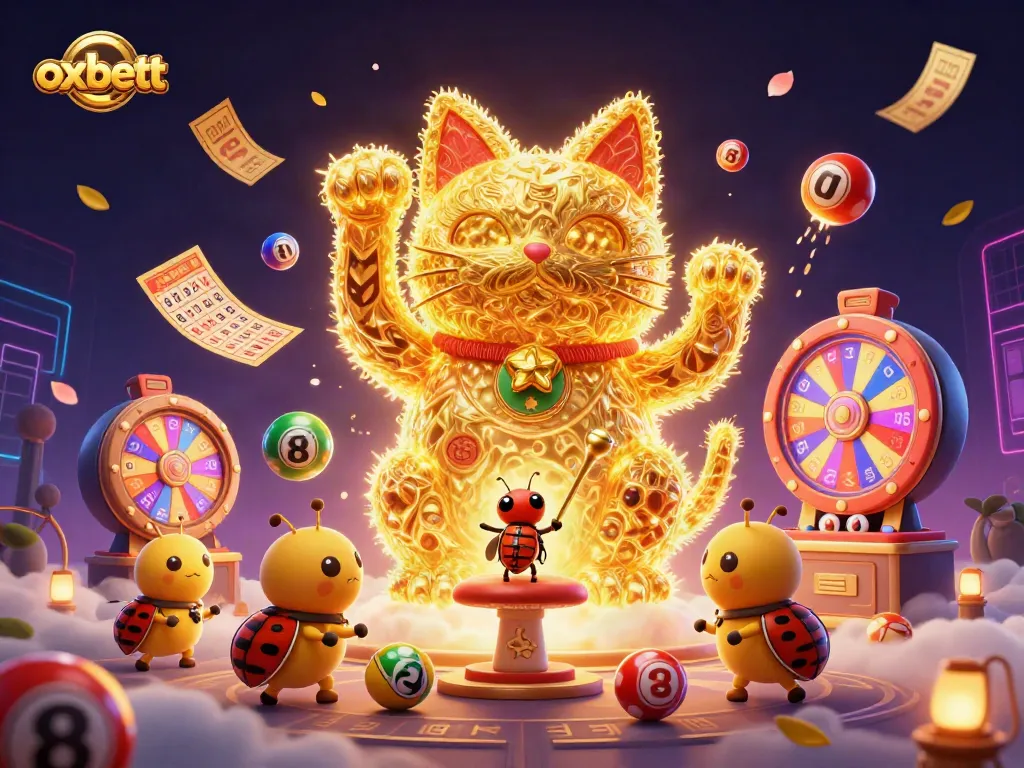 Experience the excitement of oxbett’s lively casino gameplay with vibrant symbols and a lucky cat in action.