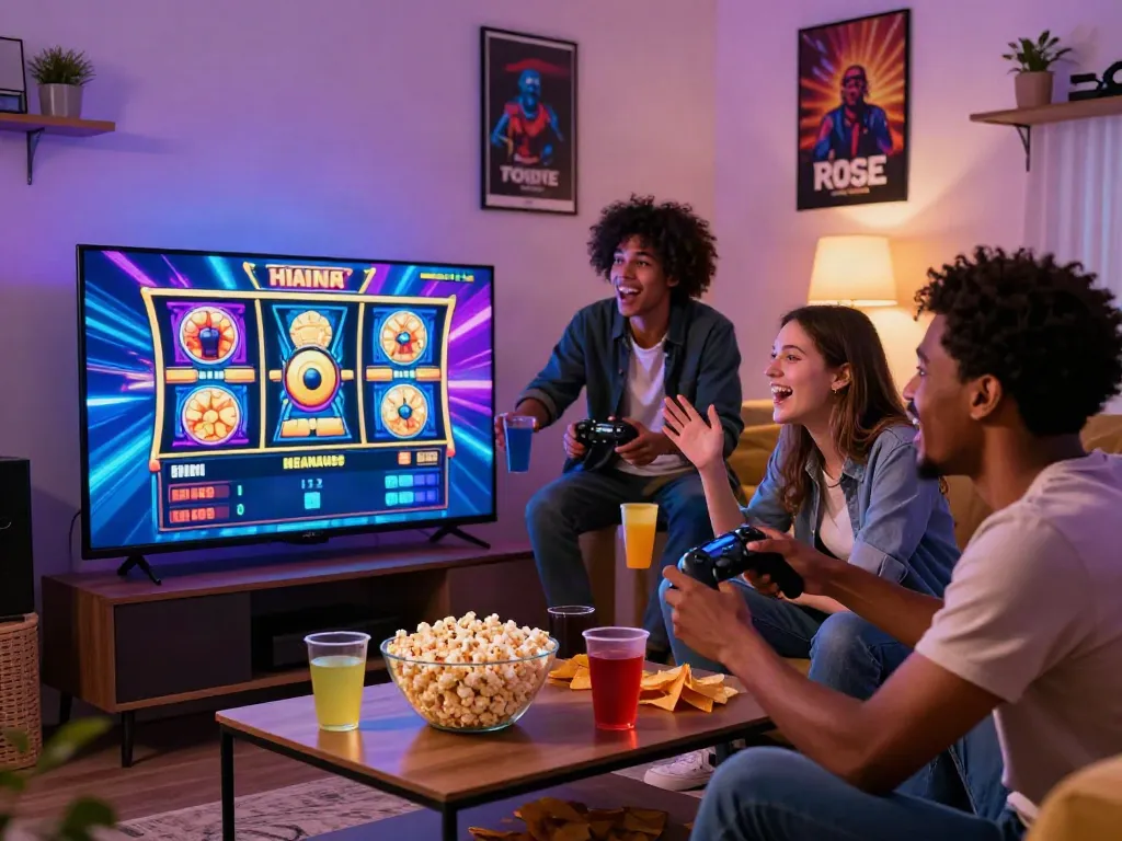 Friends enjoying a fun night playing slot online games on a large screen, surrounded by snacks and drinks.
