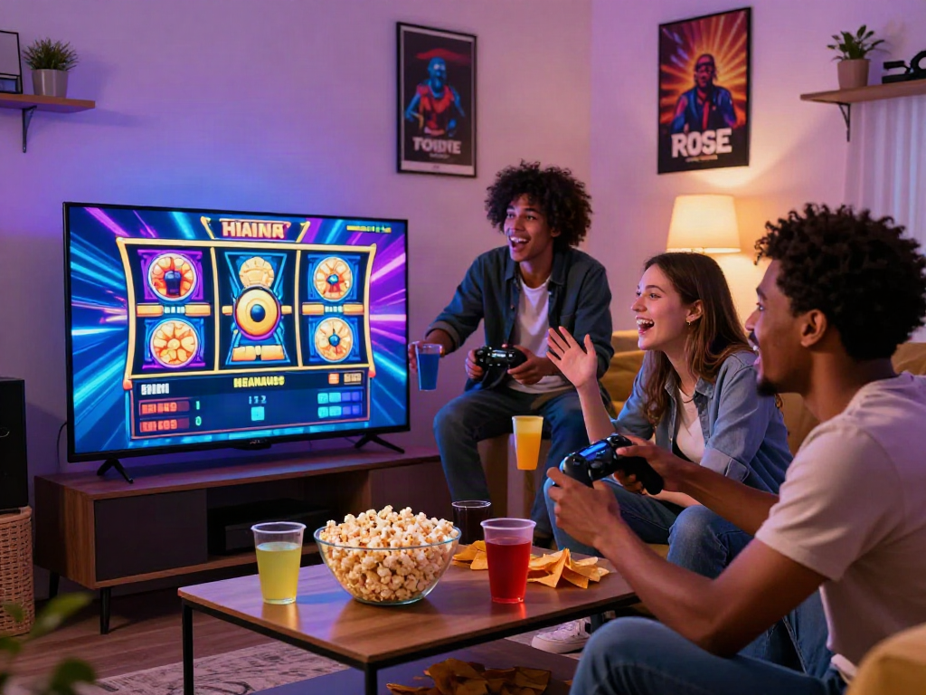 Friends enjoying a fun night playing slot online games on a large screen, surrounded by snacks and drinks.