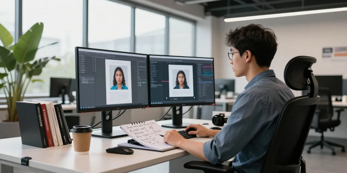 Professional workspace featuring AI Image Detection analysis on dual monitors with data scientist in focus.