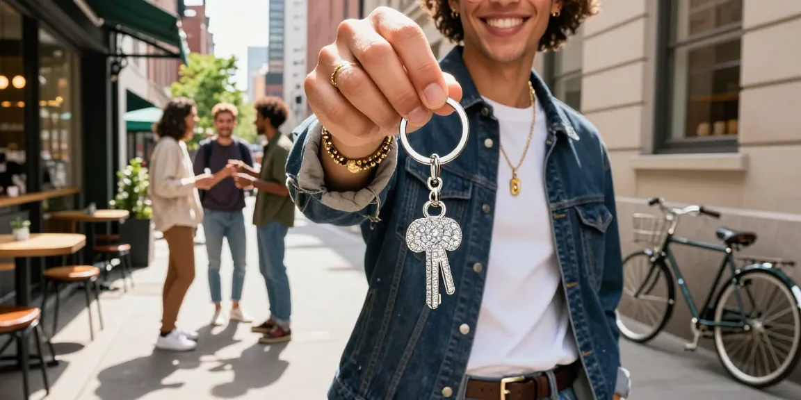 Stylish individual showcasing a Diamond Keychain against a vibrant urban backdrop, reflecting modern lifestyle trends.
