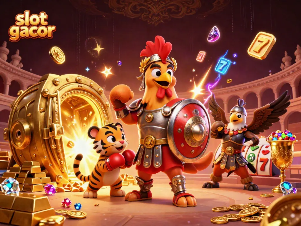 Experience the excitement of slot gacor with a vibrant 3D illustration showcasing dynamic characters and casino elements.