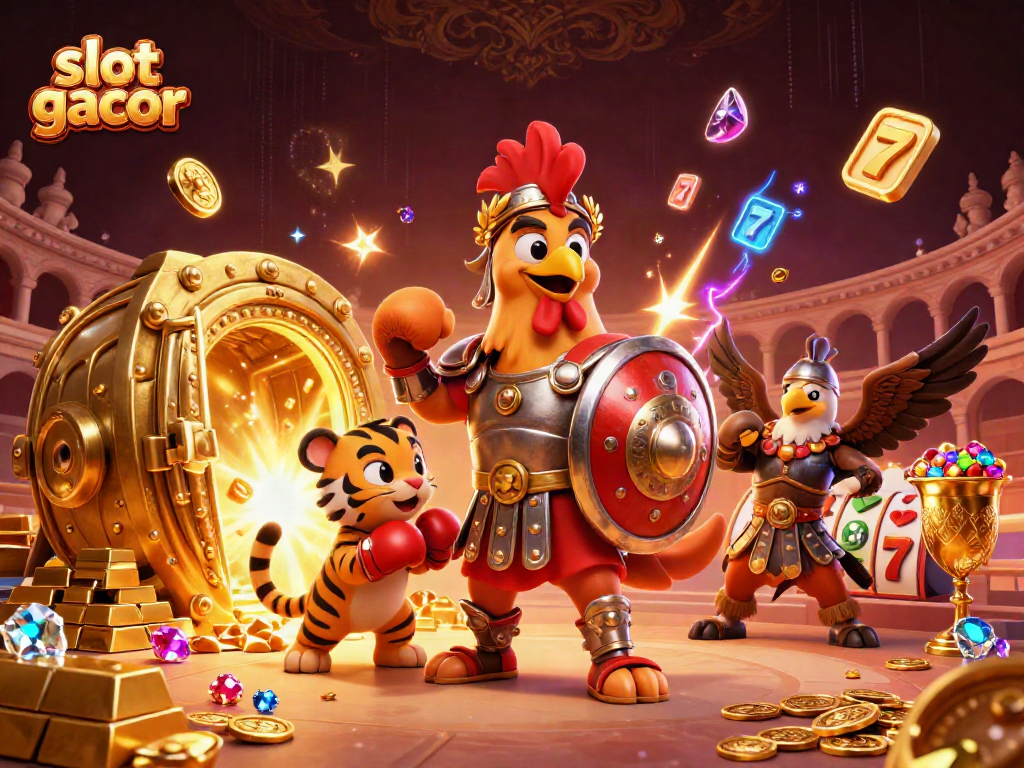 Experience the excitement of slot gacor with a vibrant 3D illustration showcasing dynamic characters and casino elements.