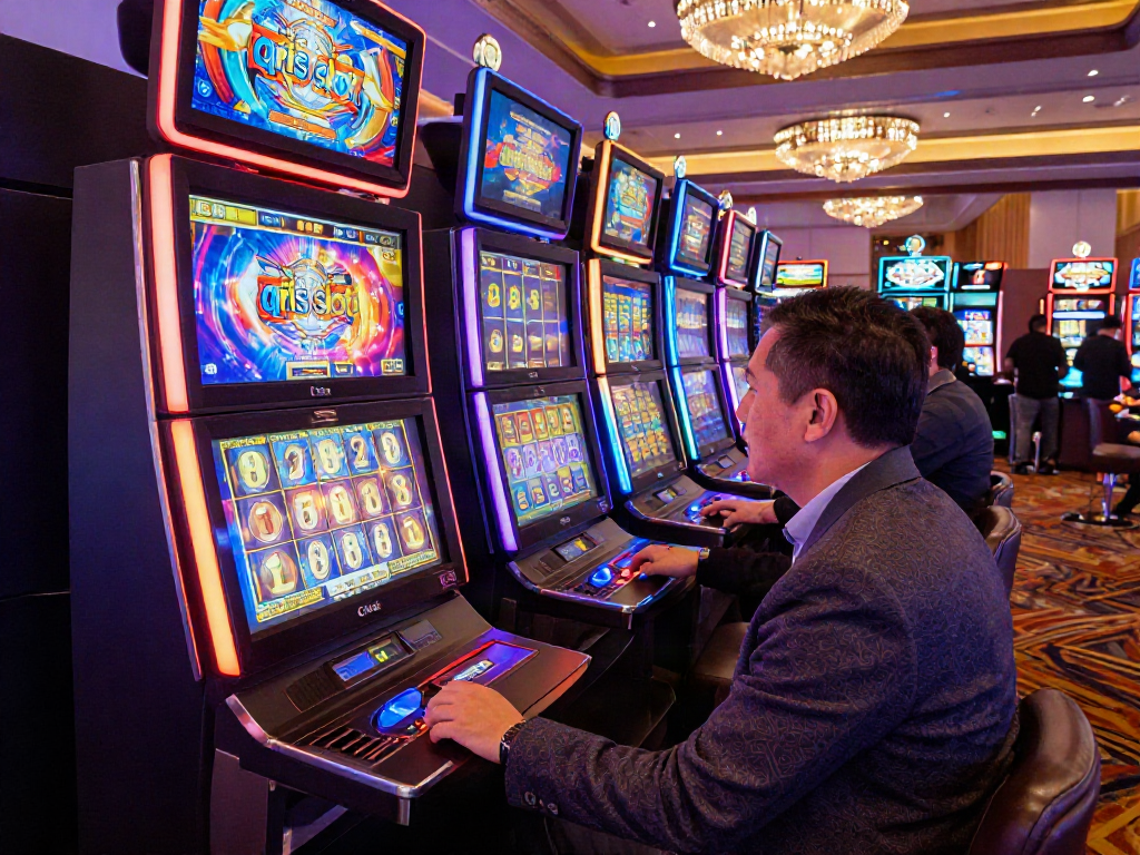 The player engaged with the qris slot machine in a vibrant casino atmosphere filled with exciting digital animations.