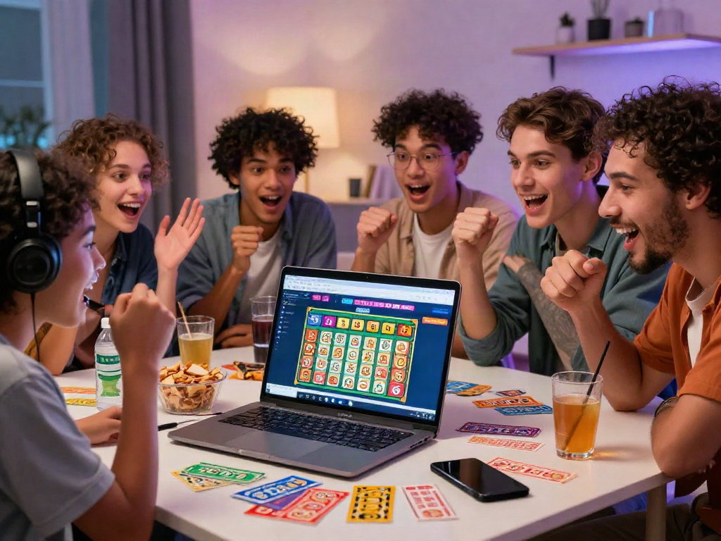 Excited friends playing toto togel lottery game online in a modern setting.