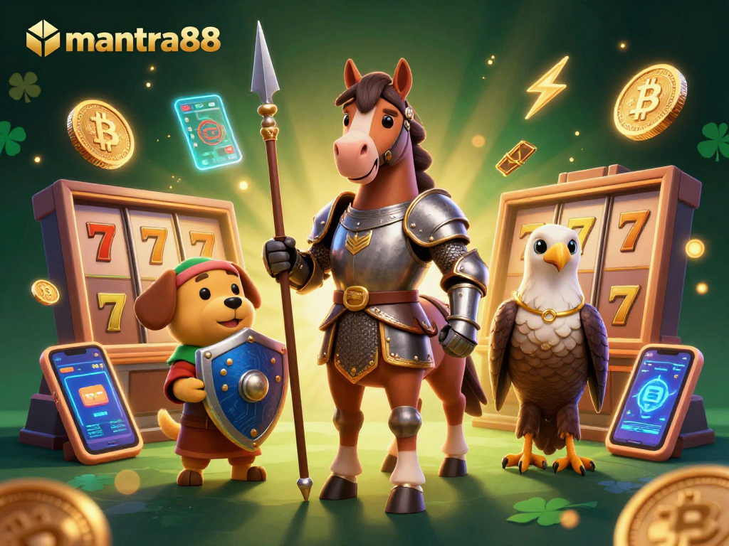 Experience the thrill with mantra88 as cartoon knights engage with vibrant casino elements.
