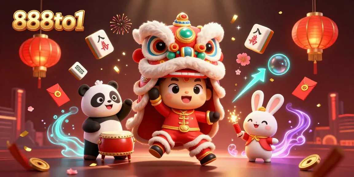 Experience the excitement of 888to1 casino with vibrant characters and lucky symbols in an energetic celebration.