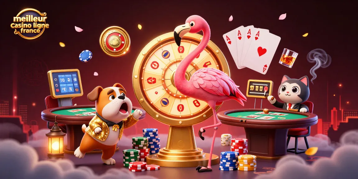 Illustration représentant le meilleur casino en ligne France avec un flamant rose hôte et un bulldog candidat animés.