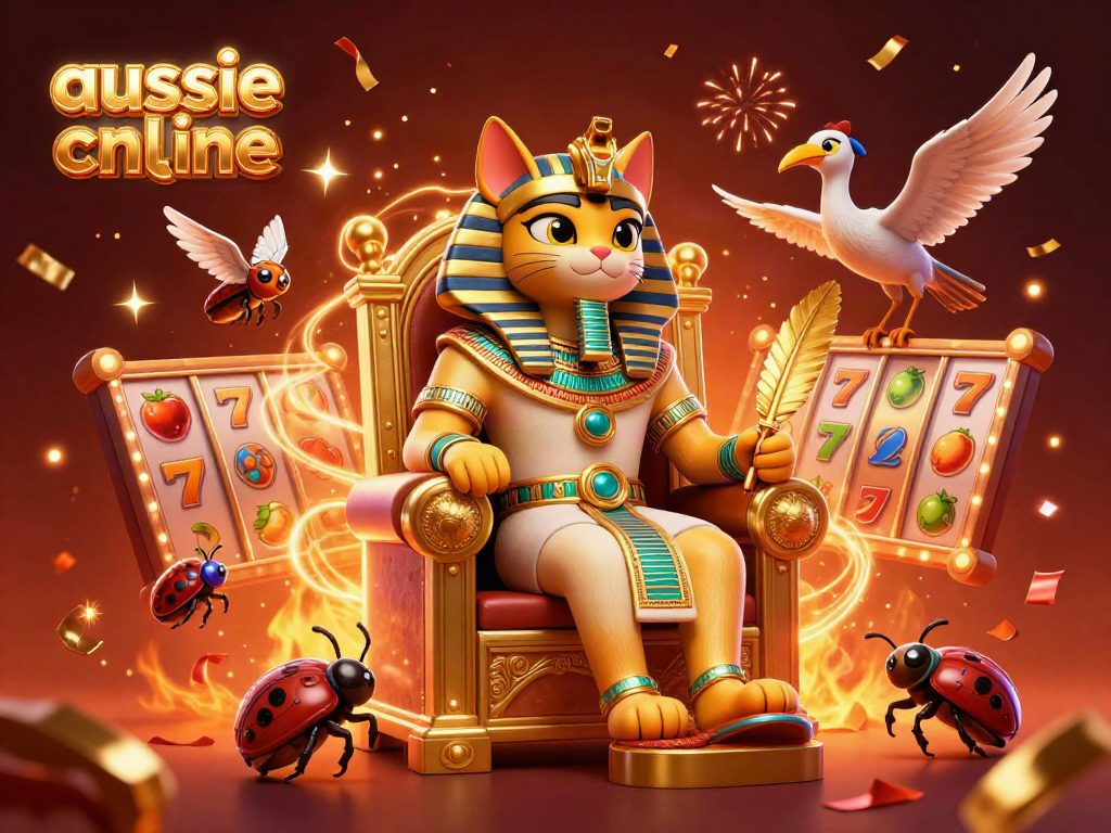Aussie casino online scene with a pharaoh cat, golden throne, and spinning slot reels