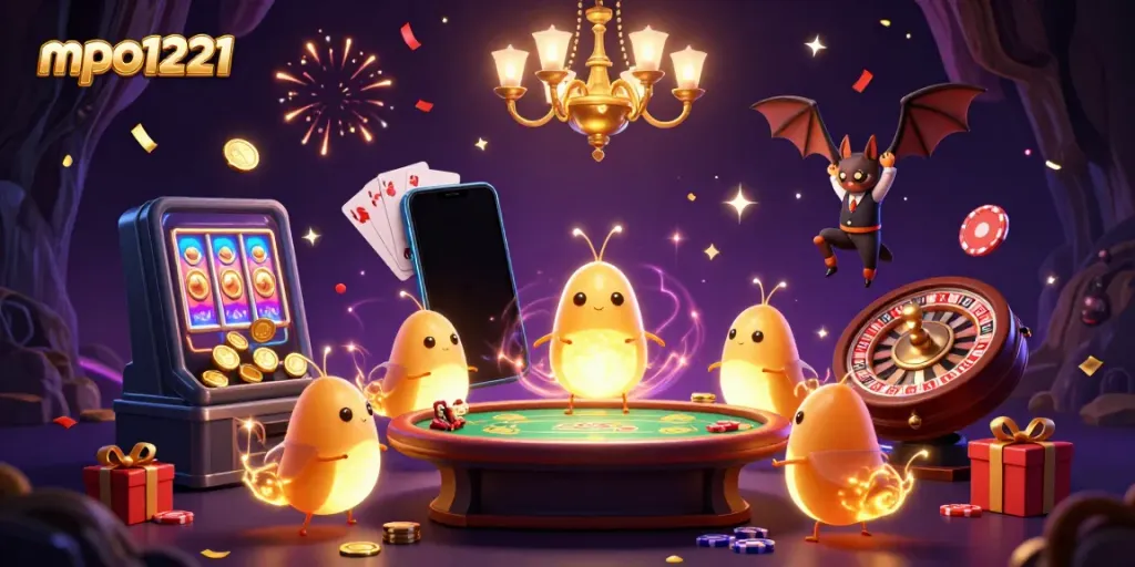 Experience the vibrant mpo1221 casino scene with glowworms and engaging game elements.