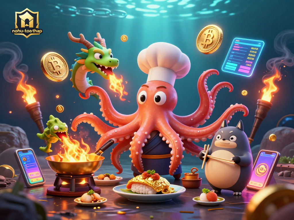 Win treasures in nohu-toa-thap with a vibrant 3D illustration featuring a sushi chef octopus and dragon!