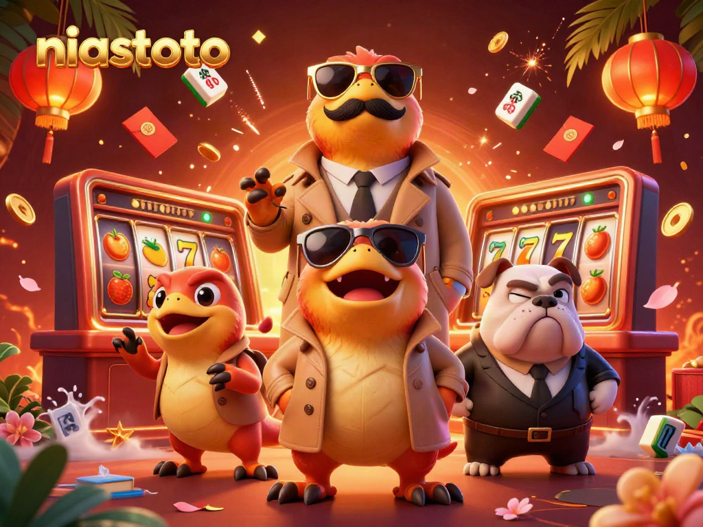 Three cartoon raptors in a trench coat, entering a VIP casino, showcasing niastoto gaming elements.