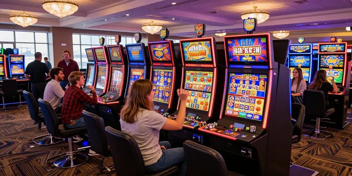 Exciting casino scene showcasing diverse players enjoying เกมสล็อต slot machines with vibrant graphics and cheerful atmosphere.