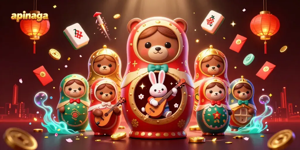 Experience thrilling gameplay with apinaga, surrounded by vibrant 3D casino characters and festive elements.
