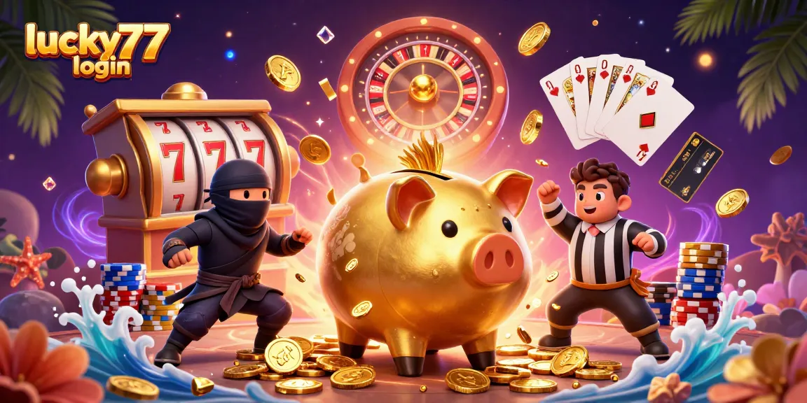 Enjoy dynamic gameplay with lucky77 login featuring a sumo piggy bank stomping for coins and slots.