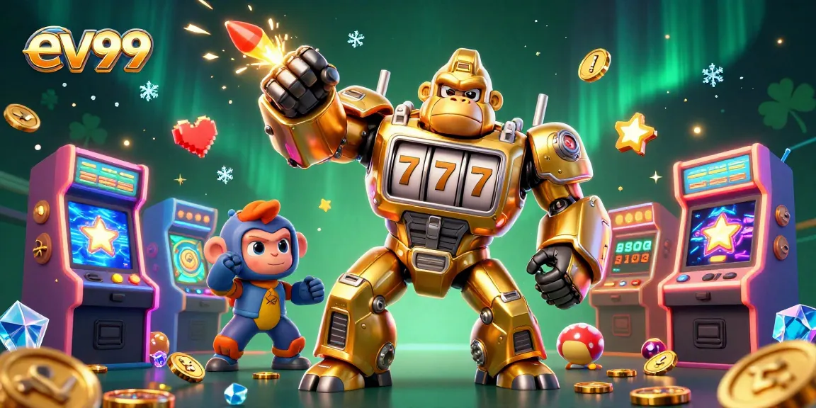 Join the excitement at ev99 with a thrilling 3D casino scene showcasing vibrant gaming elements and winning moments.