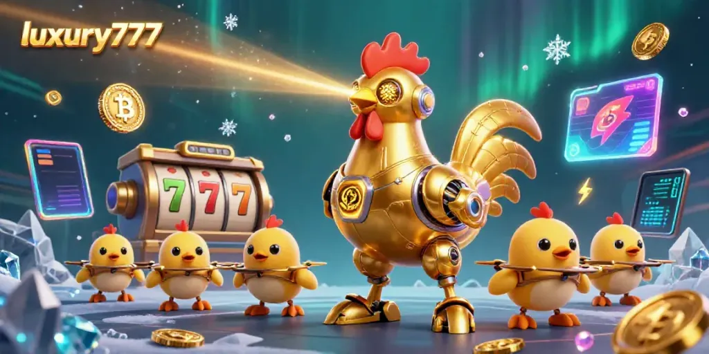 Engage with luxury777 through a dynamic casino scene featuring a futuristic robot and golden coins.