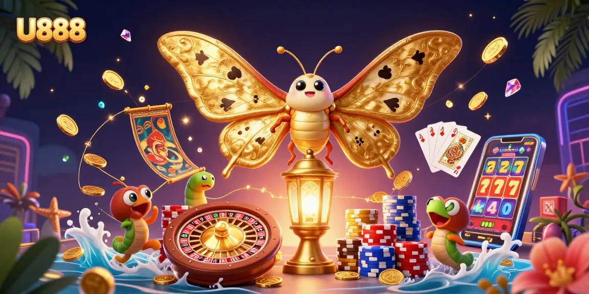 Experience thrilling gameplay and vibrant wins with U888's captivating casino scene illustration.