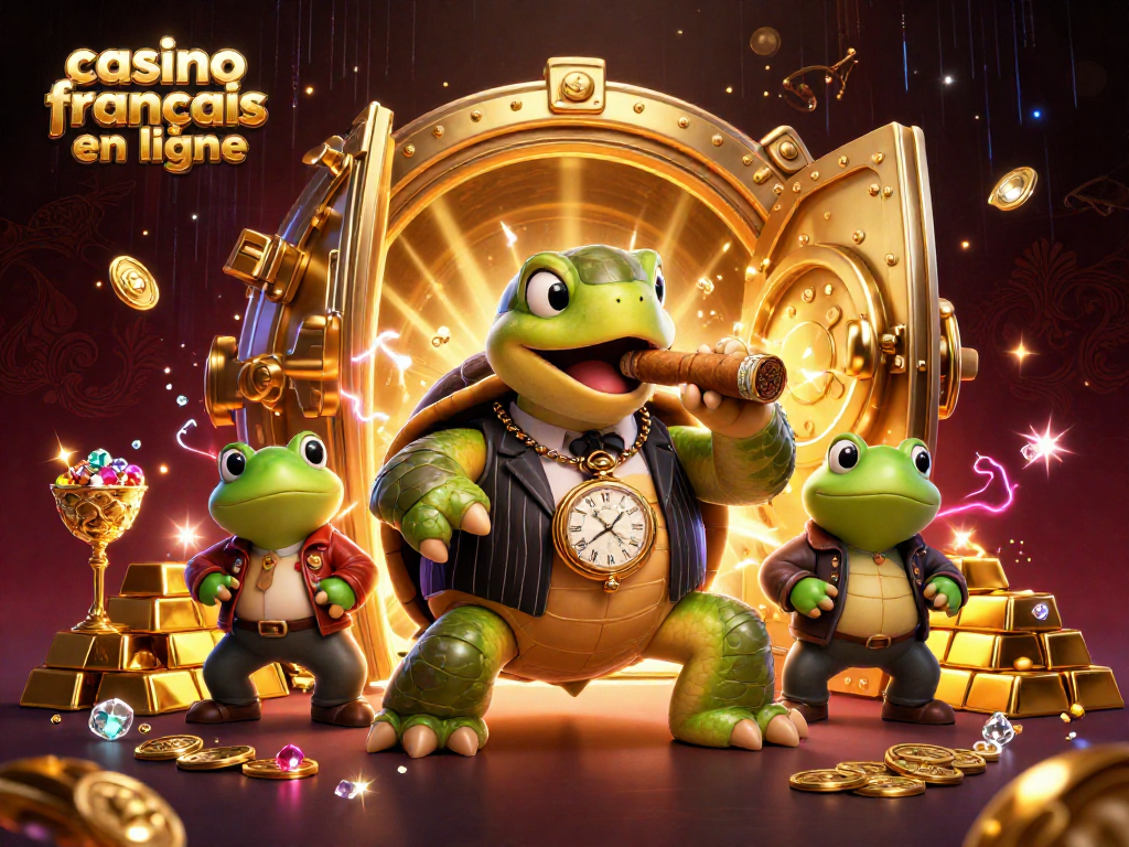 Images colorées représentant un casino français en ligne avec une tortue en costume et des grenouilles, entouré de trésors.