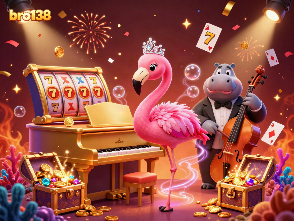 Experience thrilling action with bro138 in a lively casino scene featuring a flamingo singer and exciting games.