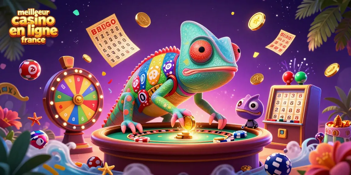Découvrez le meilleur casino en ligne France avec l'accueil d'un caméléon coloré, entouré de jeux vibrant et chanceux.