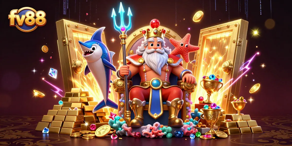 Engage in thrilling entertainment at fv88 with Neptune and treasures in a vibrant 3D gaming scene.