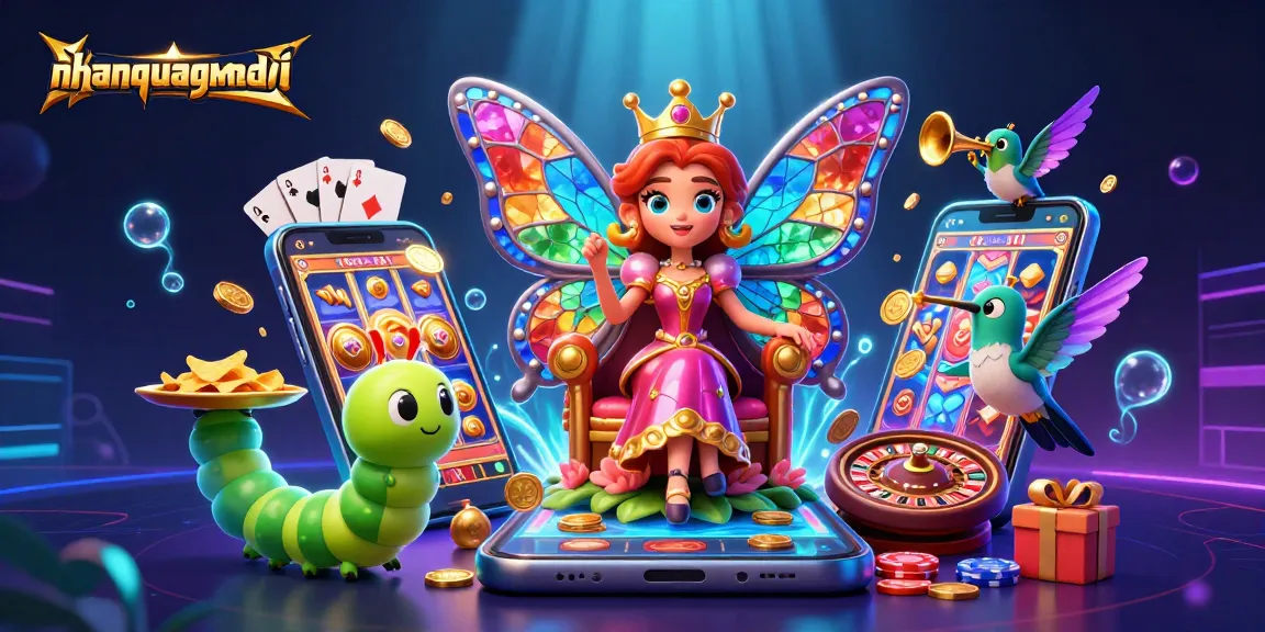 Experience the excitement of nhanquagamebai's colorful slot games with a captivating scene of a butterfly queen and casino elements.