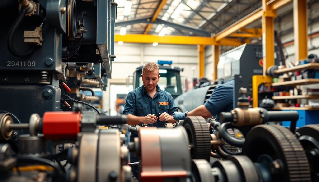 Technicians perform equipment service in a busy workshop environment, showcasing expertise and tools.