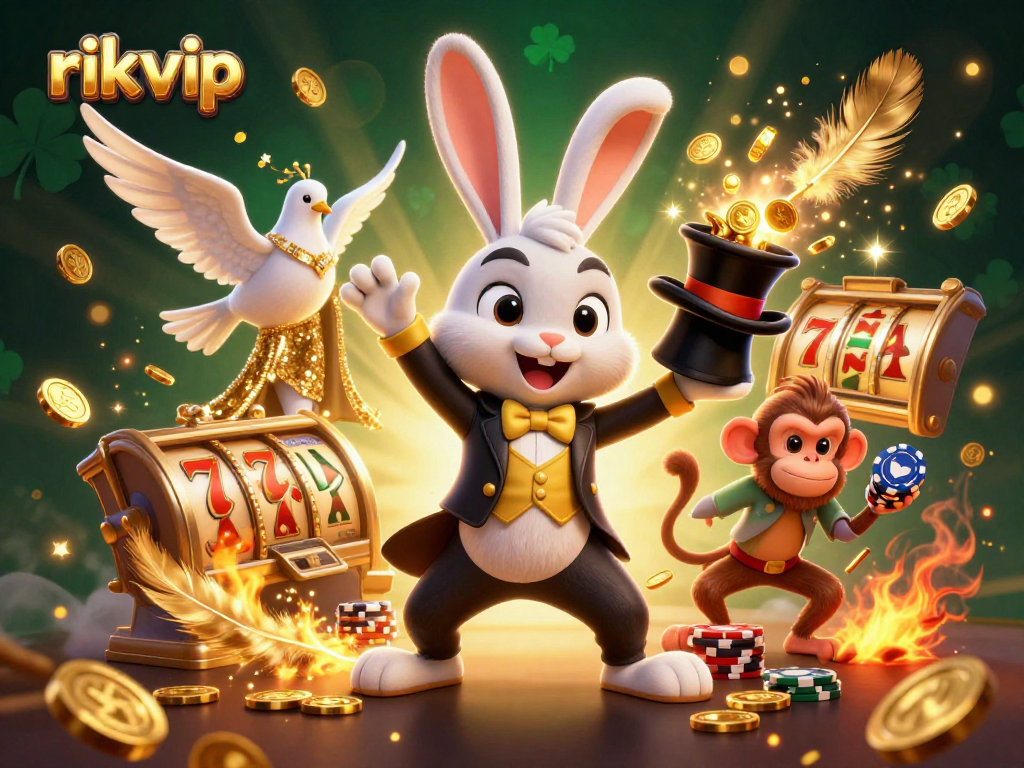 Join the fun at rikvip as our cartoon magician rabbit pulls golden coins from a top hat.