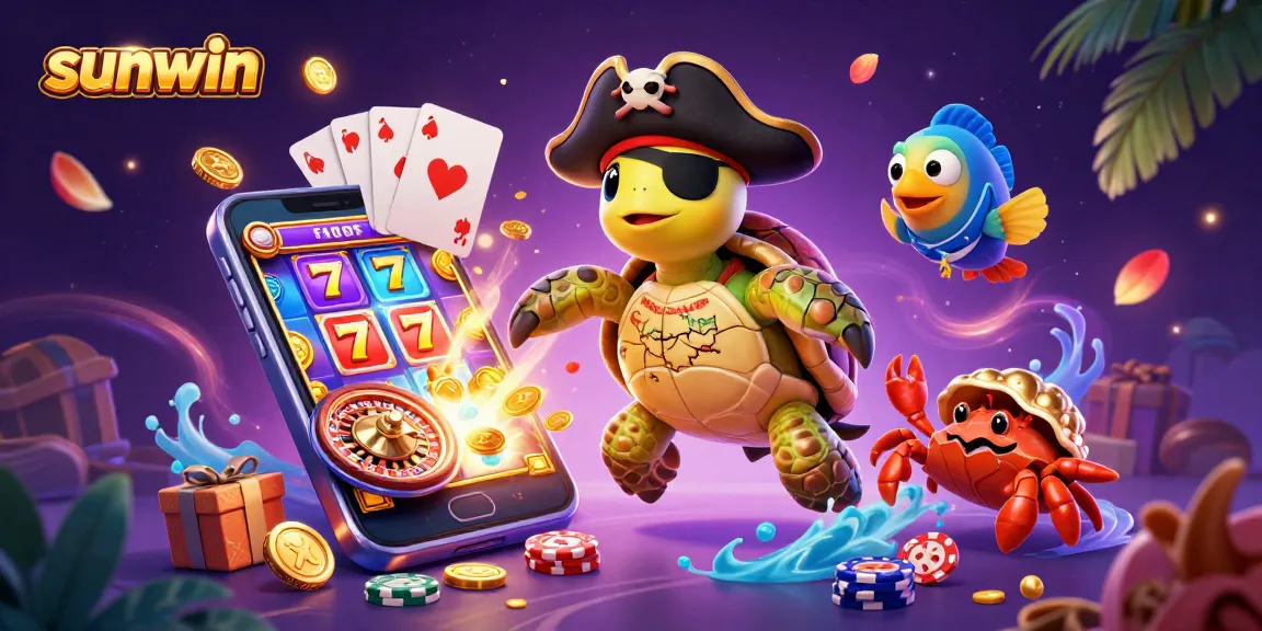 Engage with sunwin's exciting slot games featuring a pirate turtle and floating treasures.