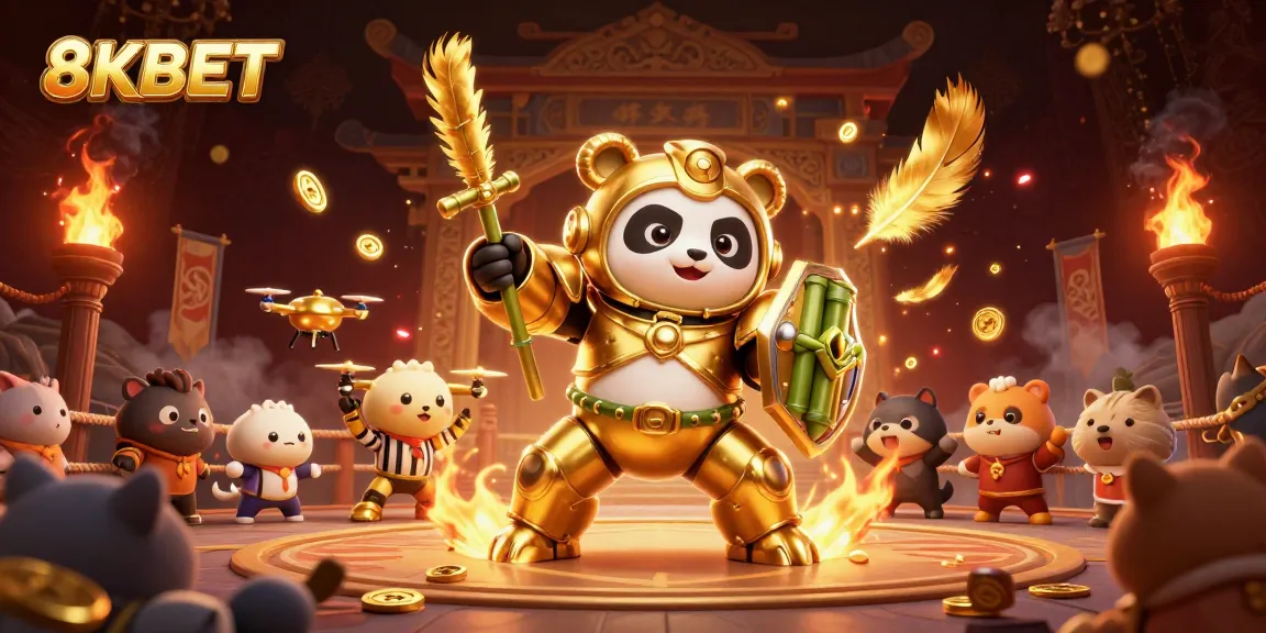 8KBET illustration featuring a golden panda robot battling in a vibrant gambling arena.