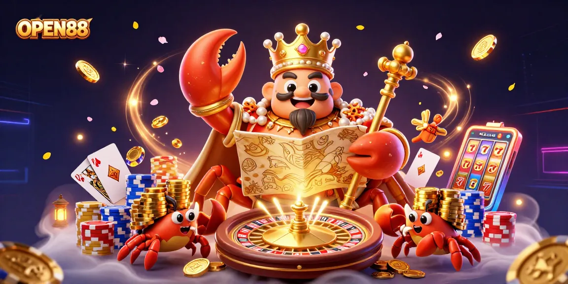 Experience the thrilling world of OPEN88 featuring golden crab emperor amidst dazzling casino elements.