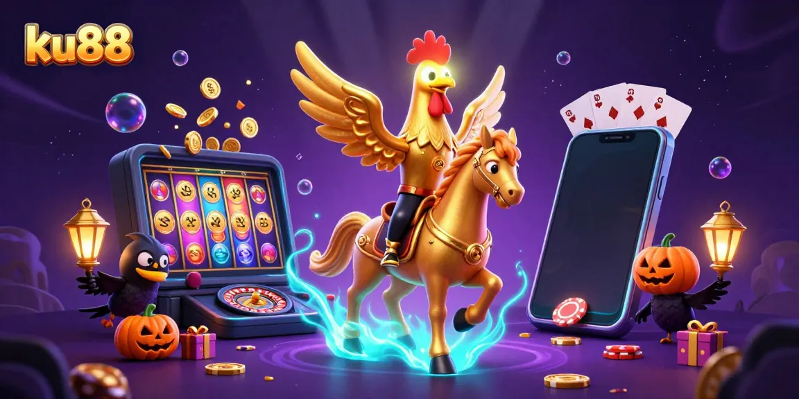 Experience thrilling wins at ku88 with a golden rooster in a magical casino setting, surrounded by vibrant gaming elements.