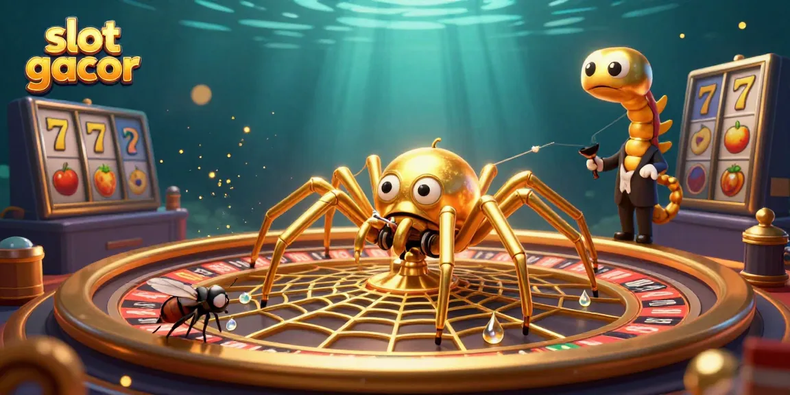 Engage with slot gacor as a golden spider spins a roulette web in this dynamic 3D illustration.