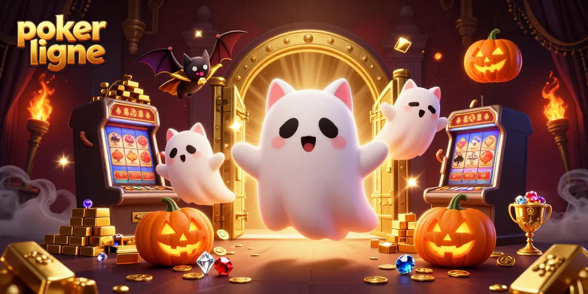 Découvrez les plaisirs du poker en ligne avec un chat fantôme et des éléments de jeu dans un casino animé.