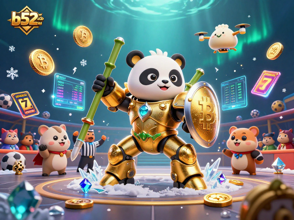 b52club showcases a thrilling 3D casino showdown with a mech-panda robot, slot reels, and Bitcoin elements.