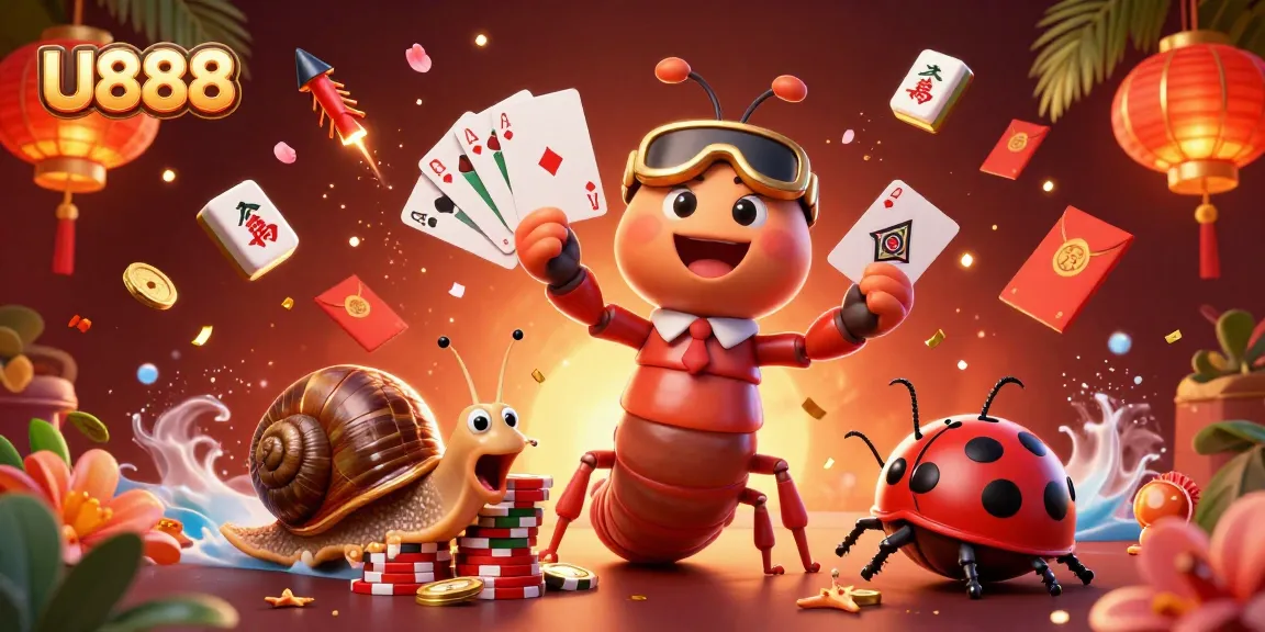 Experience U888’s dynamic casino scene with a millipede dealer, snail high-roller, and vibrant game elements.
