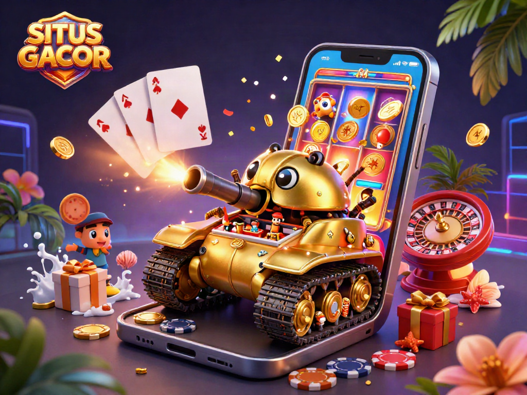 Experience the thrilling world of SITUS GACOR with a vibrant 3D casino scene bursting with colors and action.