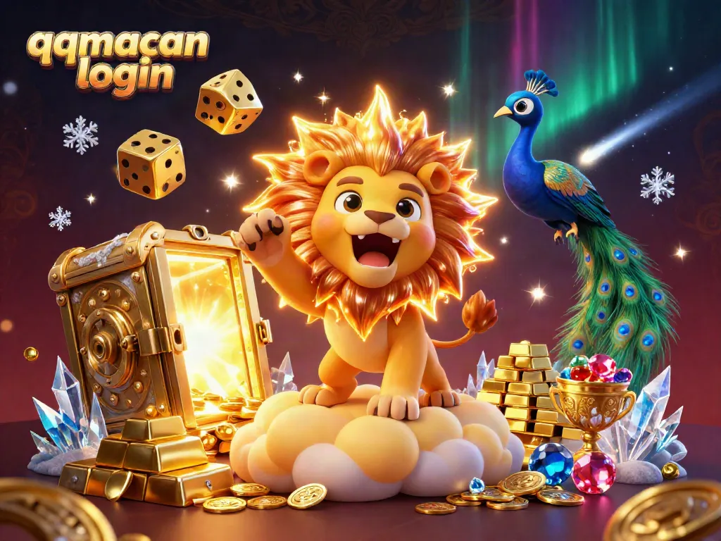 Experience the thrill of qqmacan login with a vibrant 3D cartoon scene featuring a roaring lion and golden gaming elements.