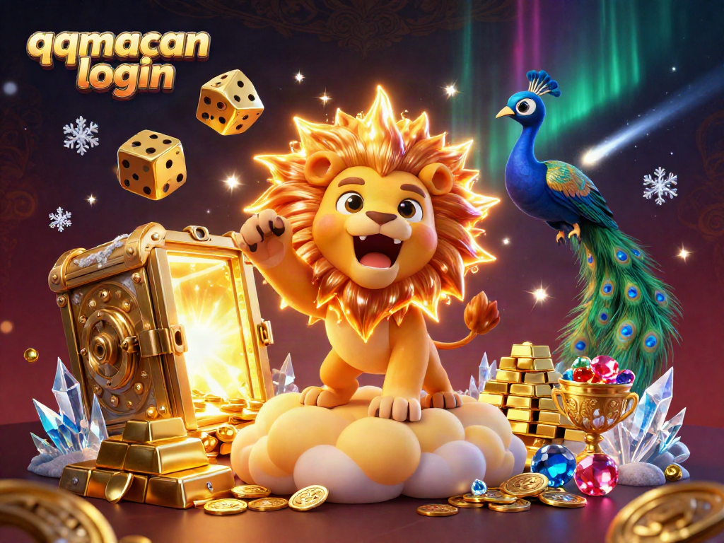 Experience the thrill of qqmacan login with a vibrant 3D cartoon scene featuring a roaring lion and golden gaming elements.