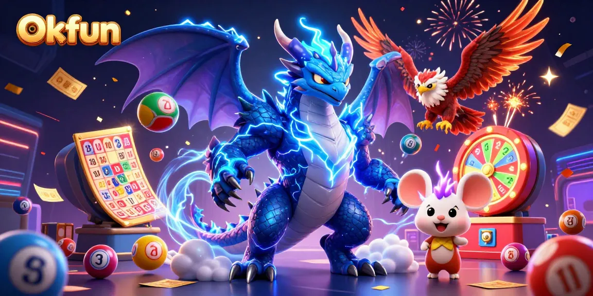 Engage in dynamic gaming at Okfun with vibrant celebration elements, thrilling casino activities, and electrifying characters.