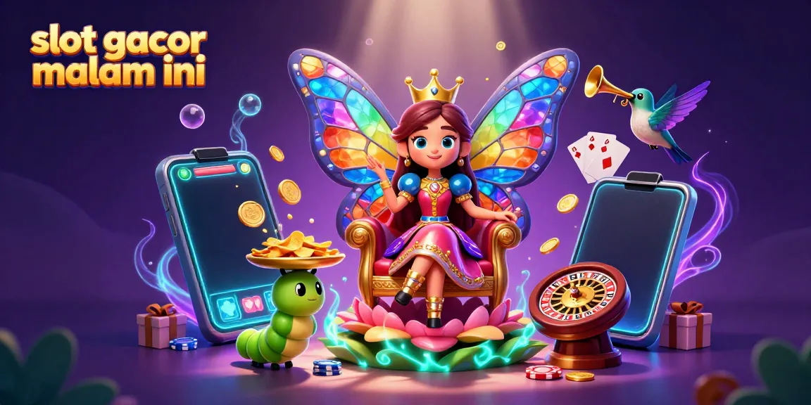 Menangkan slot gacor malam ini dengan ilustrasi kartun 3D tentang ratu kupu-kupu berwarna-warni yang dikelilingi elemen kasino.