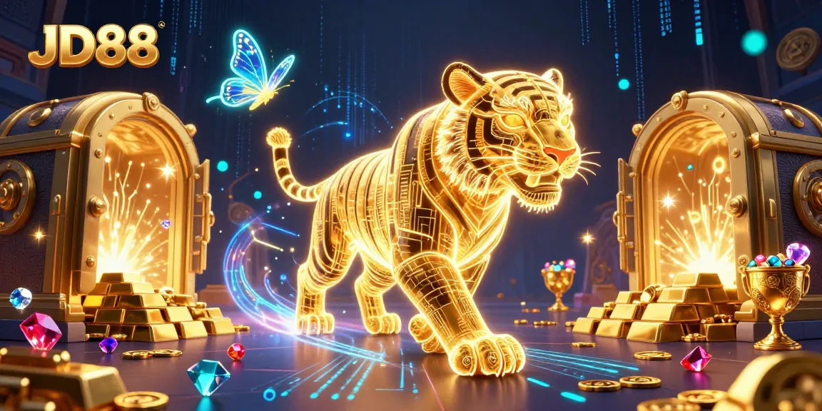 Experience the vibrant JD88 casino world with a neon tiger and treasures in a digital landscape.