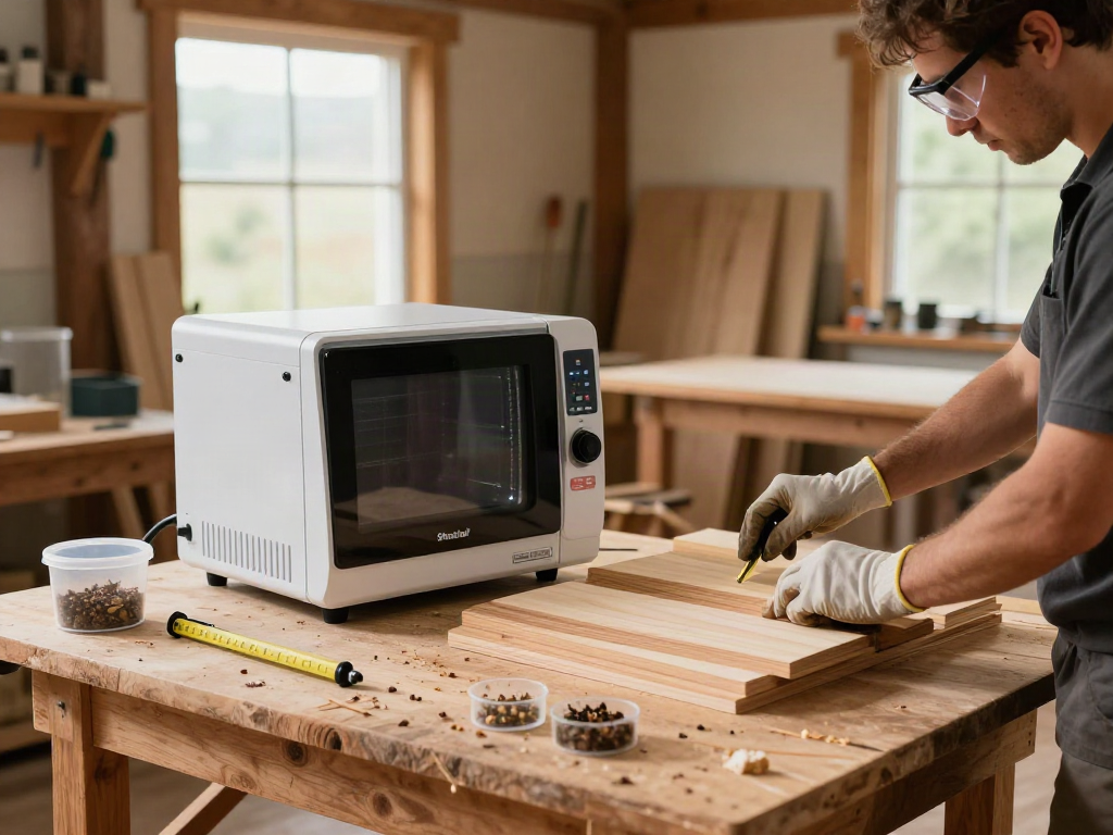 Shashel® microwave device effectively eliminating wood-boring insects in a workshop with technician safely operating