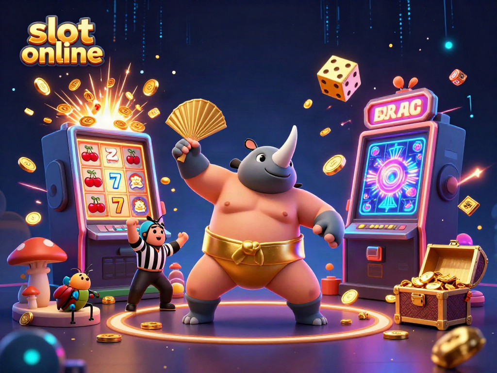 Experience the excitement of slot online with a vibrant 3D scene featuring a beetle champion and jackpot explosion.