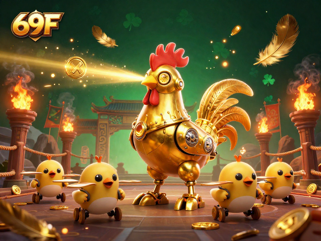 Aposte no 69F com a ilustração 3D de um robô galo dourado em uma emocionante arena de apostas.