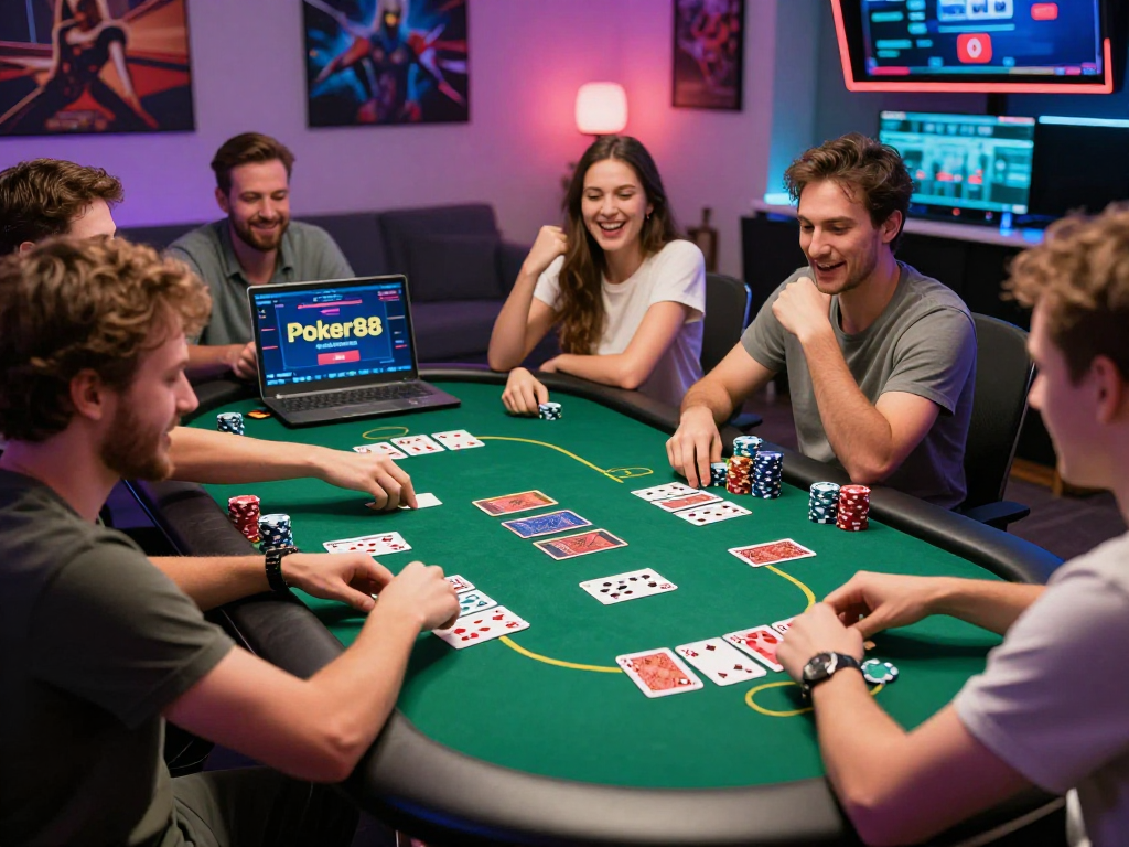 Poker88 online gaming session featuring friends engaged in an exciting digital poker game.