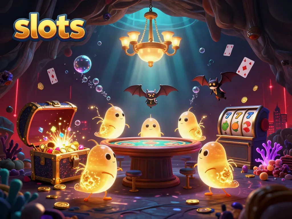 Experience exciting slots in a vibrant casino scene with glowworms illuminating the cave.