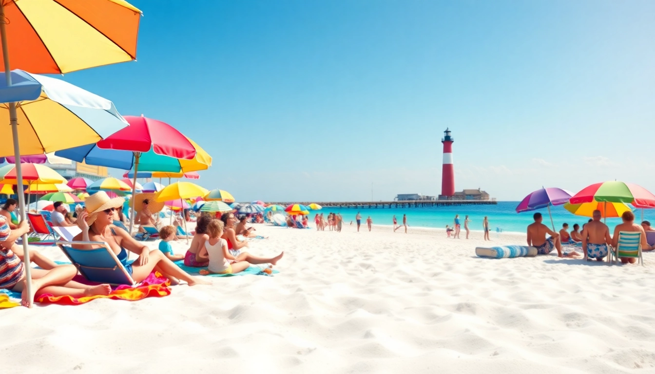 Relaxed families enjoying Pensacola FL's inviting beach with colorful umbrellas and warm sunshine.