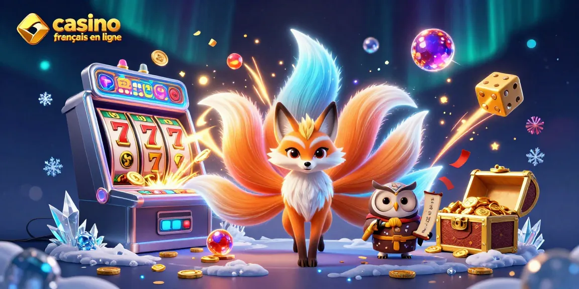 Profitez de l'excitation du casino français en ligne avec une illustration animée de machines à sous et de symboles éclatants.